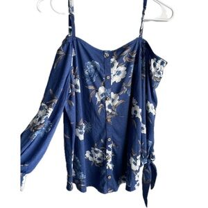 Blue Floral Bohemian Off the Shoulder Long Sleeve Top